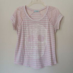 Maurices Pink Striped Knit Top with Floral Skull and Lace details Size L